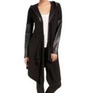 Blank NYC Black Faux Leather Trim Hood Open Front Cardigan
